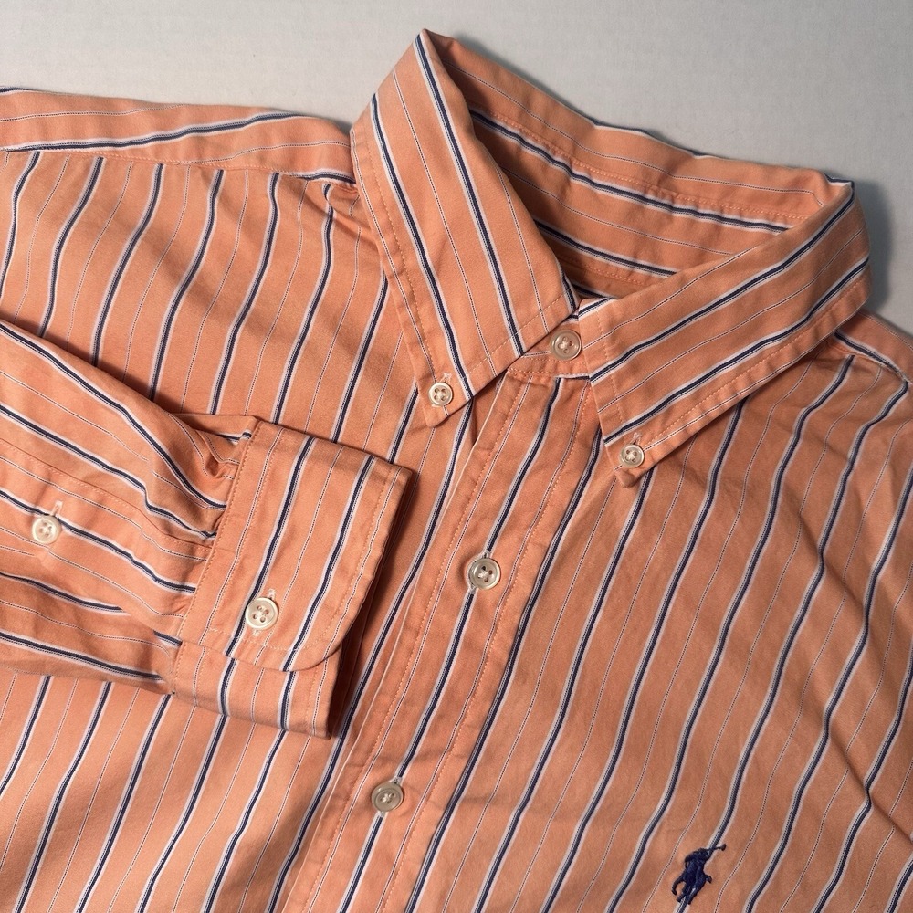 Ralph Lauren Shirt Mens Size Medium Orange Blue Striped Long Sleeve Button Down